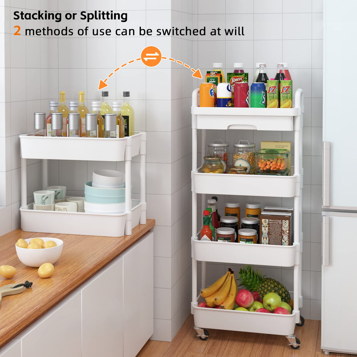 Calmootey 4-Tier Rolling Utility Cart with Drawer,Multifunctional Storage Organizer with Plastic Shelf & Metal Wheel,Storage Cart for Kitchen,Bathroom,Living Room,Office,White Calmootey