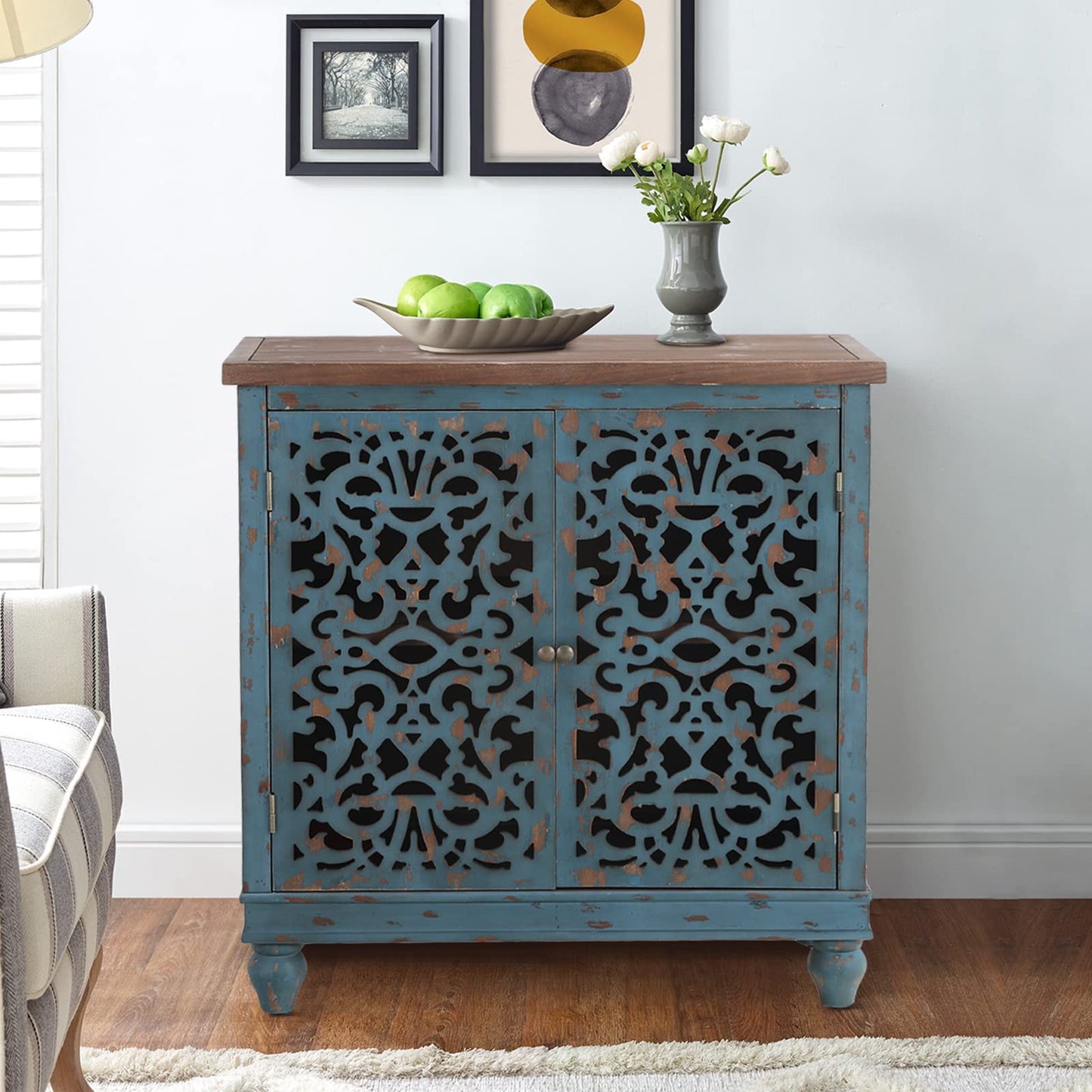 Sophia & William Accent Cabinet with 2 Doors, Distressed Storage Cabinet with Wood Frame and Hollow-Carved Door for Entryway Living Room, Blue