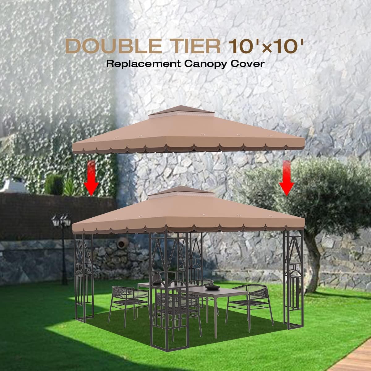 Morikoro 10x10 Canopy Replacement Top Canopy Cover Replacement 10x10 FT Double Tiered Gazebo Covers for Yard Patio Garden Canopy Sunshade (Coffee Liqueur+Brown with lace) Morikoro