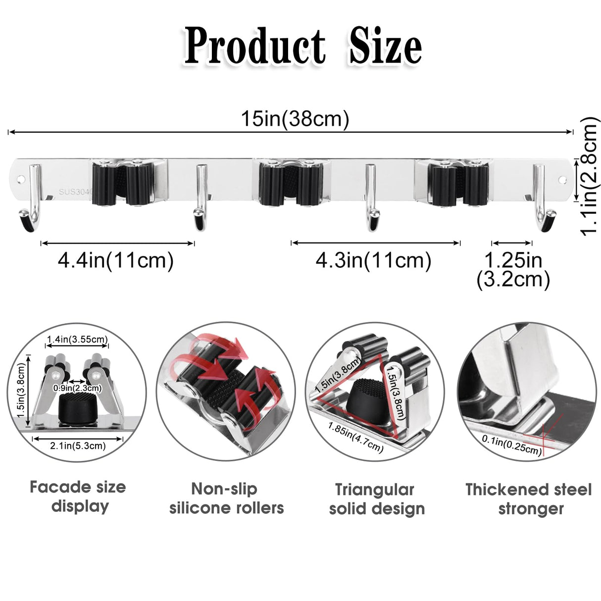 2 Pack 3 Racks and 4 Hooks Broom and Mop Holder Wall Mounted Garage Organizer Storage Tool Racks Stainless Steel Heavy Duty Hooks Self Adhesive Solid Non-slip Wall Hangers for Home Kitchen Garden AceMining