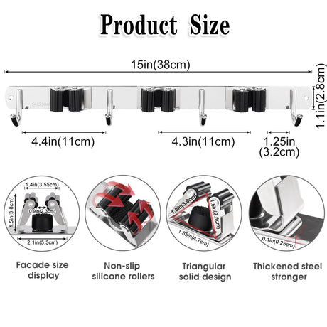2 Pack 3 Racks and 4 Hooks Broom and Mop Holder Wall Mounted Garage Organizer Storage Tool Racks Stainless Steel Heavy Duty Hooks Self Adhesive Solid Non-slip Wall Hangers for Home Kitchen Garden AceMining