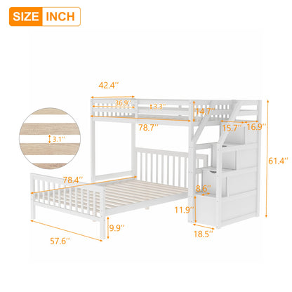 DRELOFT Twin Over Full Wooden Bunk Bed and Loft Bed with Storage Stairs in White - WoodArtSupply