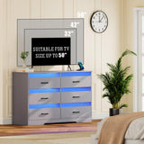 Grey Dresser for Bedroom with LED Light, 6 Drawer Large Chest of Drawers, Modern Dresser with Charging Station, Wood Bedroom Dresser for Closet/Living Room/Hallway Dystler