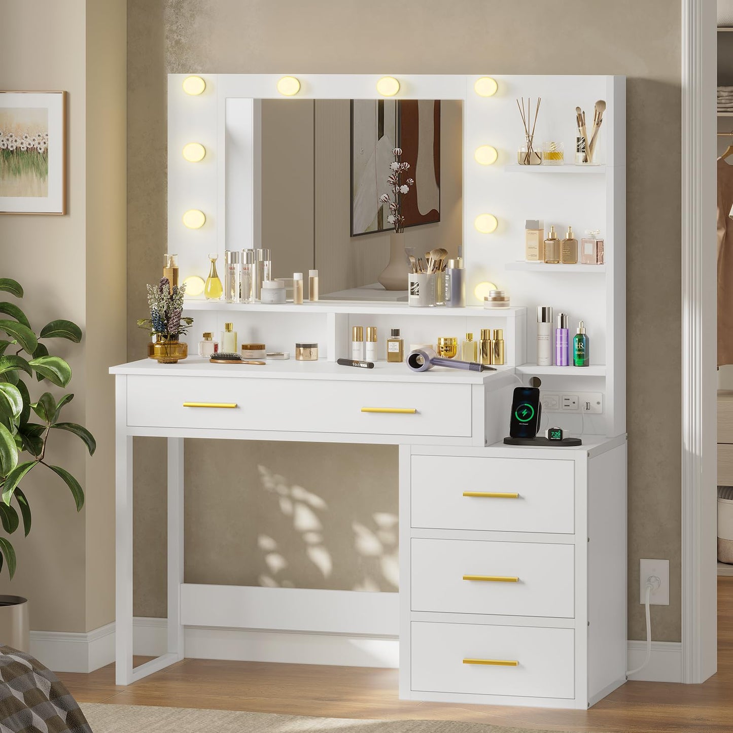 Tiptiper Makeup Vanity with Lights, Vanity Desk with Charging Station, White Vanity Table with 10 Light Bulbs Mirror & 3 Lighting Modes, Makeup Desk with Drawers, Nightstand and Storage Shelves