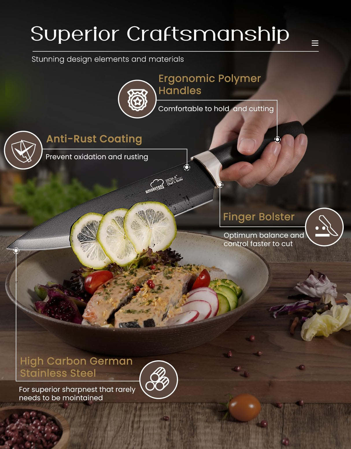 Knife Set, Amorston 15 Pieces Knife Sets for Kitchen with Block, Dishwasher Safe Kitchen Knife Set with Built in Sharpener Block, German Stainless Steel Knife Block Set, Black Amorston