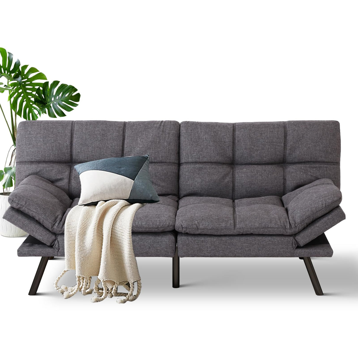 MUUEGM Futon Sofa Bed Memory Foam Small Loveseat Sleeper Sofa Dark Grey with Adjustable Backrest Removable Armrests for Small Space Office Couch,Living Room,Apartment MUUEGM