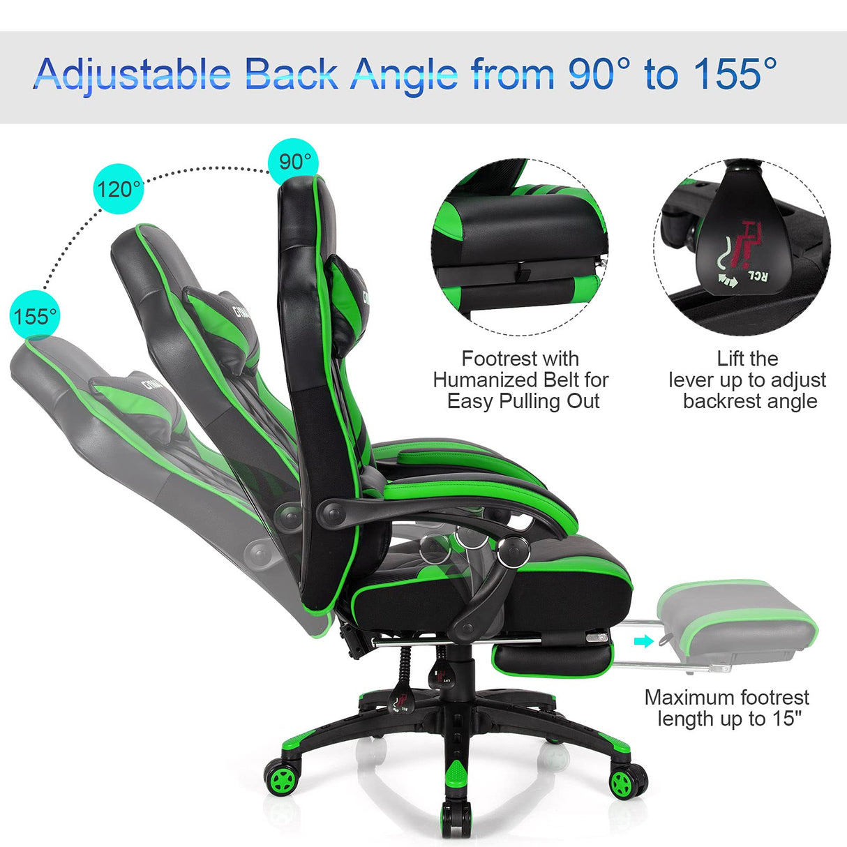 Green Gaming Chair Ergonomic Computer Chair for Adults Teens Reclining Gamer Chair High Back Game Chair Racing Style Desk Chair with Retractable Footrest, Lumbar Support and Headrest TOMANOR