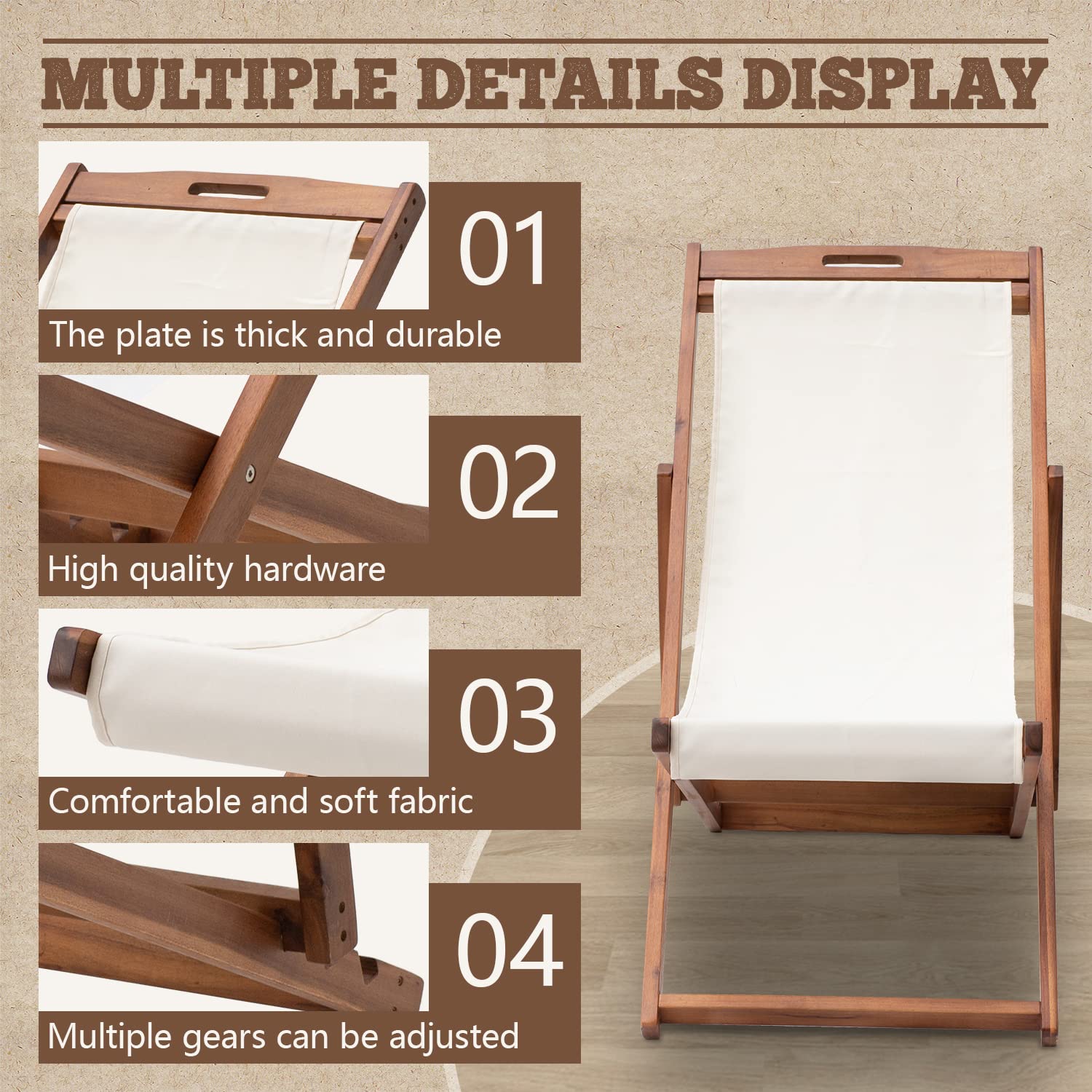 Outdoor Wooden Patio Lounge Chair 2 Set Beach Sling Chair Set Height Portable Reclining Beach Chair Solid Wood Frame with White Polyester Canvas 3 Level,Khaki - WoodArtSupply