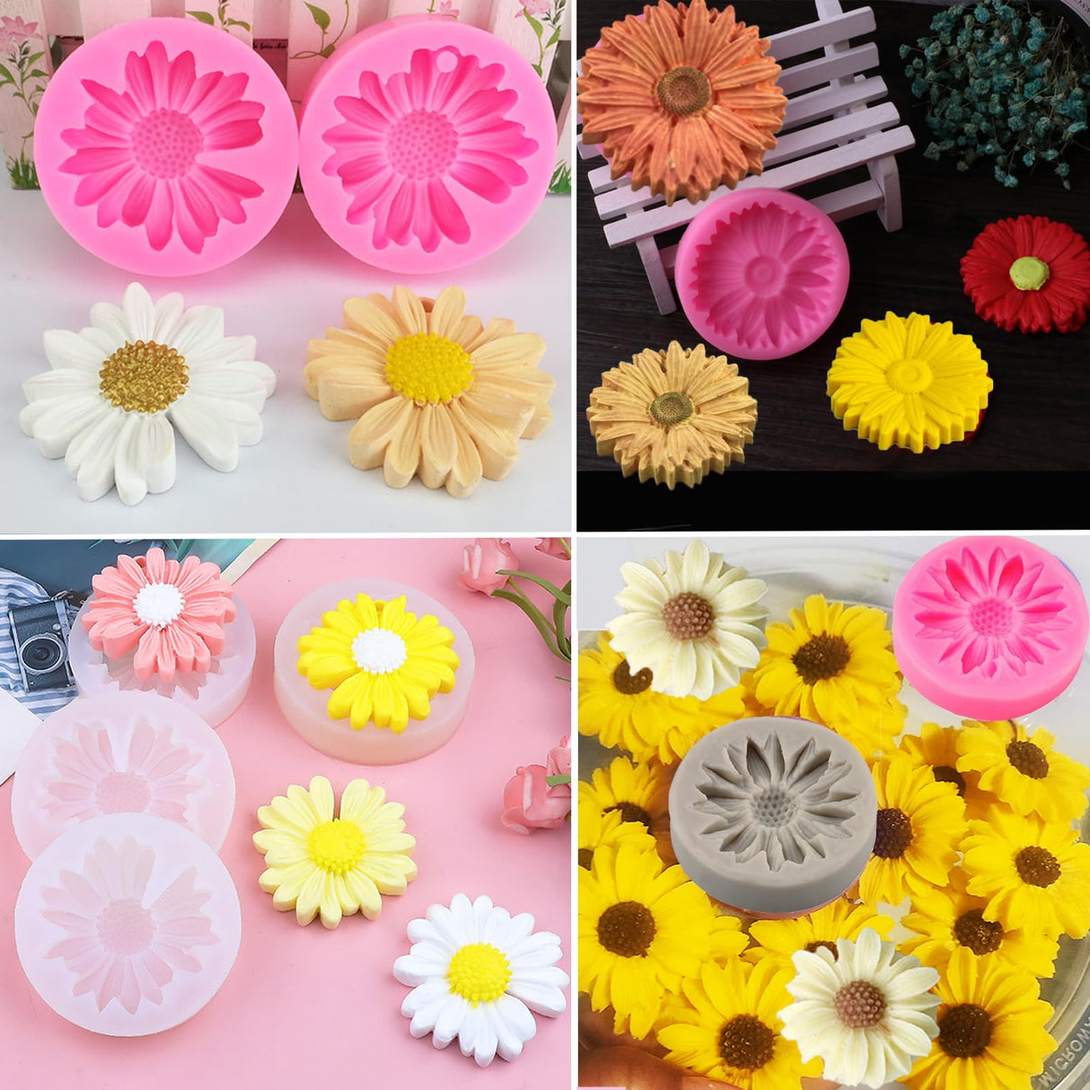 10PCS Daisy Flower Silicone Mold Chrysanthemum Flower Silicone Mold with Large-Eye Wicking Needle,Candlewick Resin Candle Molds DIY Soap Concrete Casting Polymer Clay Cupcake Topper Candy Craft TYMKLMZG