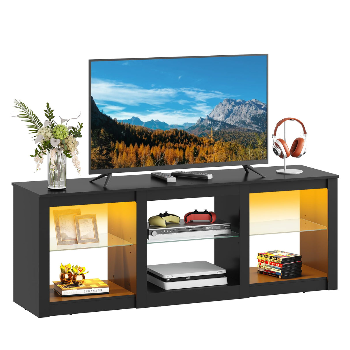 WLIVE LED TV Stand for 65 Inch TV, Modern Entertainment Center with Adjustable Glass Shelves & Customizable LED Lights, Sturdy Media Console for Living Room, Bedroom,Gaming (Black) WLIVE