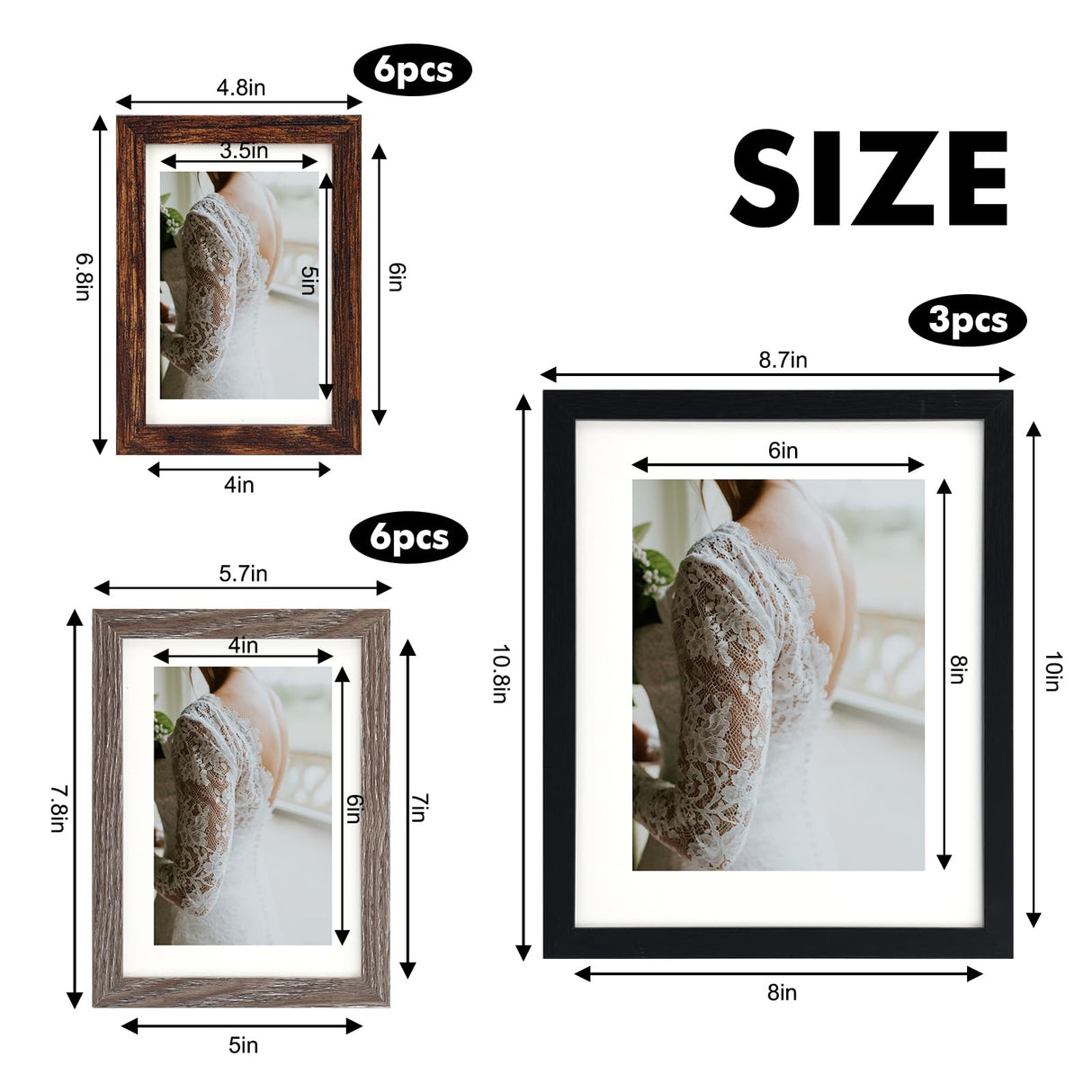 Fixwal Picture Frames Set, 15 Pack Wall Frame Set in 3 Different Finishes with Mat for Multiple Sizes Photos, Three 8x10, Six 5x7, Six 4x6 for Wall Gallery Decor, Hanging or Tabletop Display Fixwal