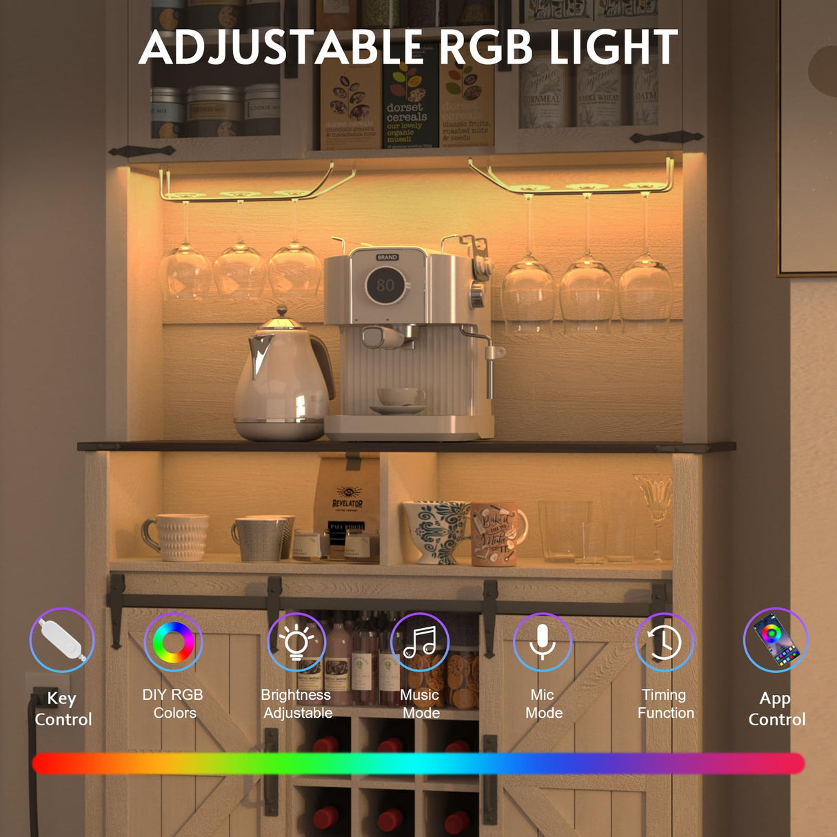 GlouMod Farmhouse Coffee Bar Cabinet with Sliding Barn Door, 70" Tall Kitchen Hutch China Cabinet w/Wine Rack, Power Outlet & Lighting, Liquor bar Station Food Pantry Storage Cabinet for Home, White GlouMod