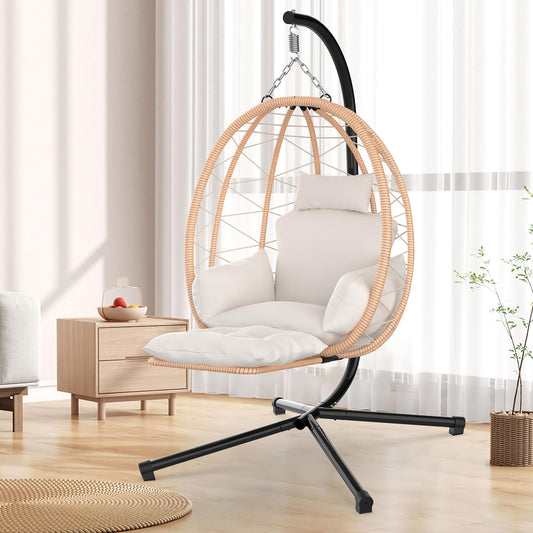 ZENPETIO Hanging Egg Chair with Stand & Leg Rest, Rattan Wicker Swing Chair with UV Resistant Cushion and Pillow, for Indoor Outdoor Bedroom Patio Hanging Basket Chair 370lbs Capacity, Brown - Beige