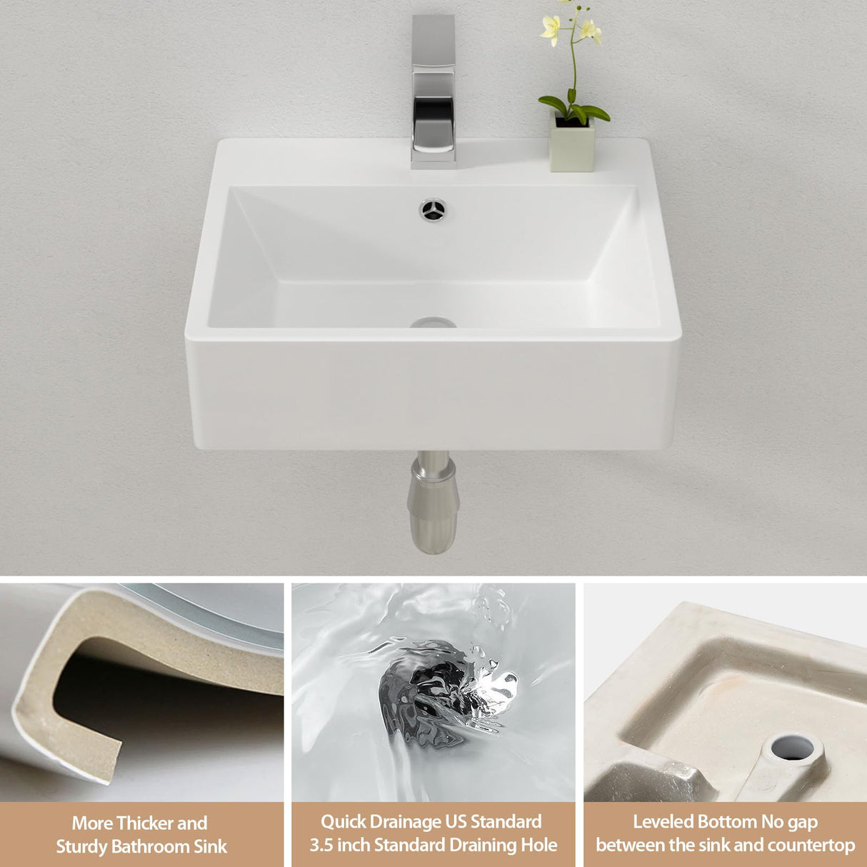 Lordear Floating Bathroom Sink Wall Mounted 21"x16" Bathroom Vessel Sink Free Standing Wall Hung Sink Rectangle White Porcelain Ceramic Vessel Vanity Sink Art Basin Lordear