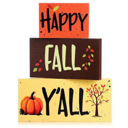 Beeveer 3pcs Fall Wooden Blocks Happy Fall Y'all Block Sign Fall Wooden Table Signs Fall Thanksgiving Gift Farmhouse Autumn Tabletop Decor Table Centerpiece for Home Fall Thanksgiving Party S - WoodArtSupply