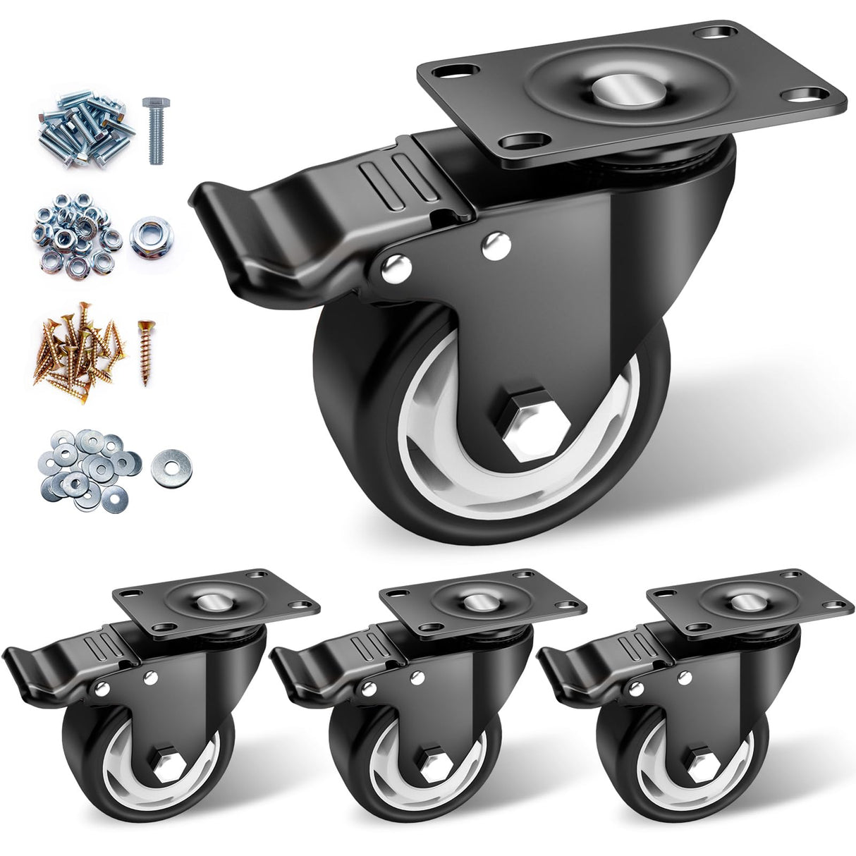 Caster Wheels - 3 Inch Casters Set of 4 Heavy Duty, BOSGEOT Locking Industrial Casters with 360 Degree No Noise Polyurethane Wheels, Swivel Plate Casters with Brake - Pack of 4 BOSGEOT