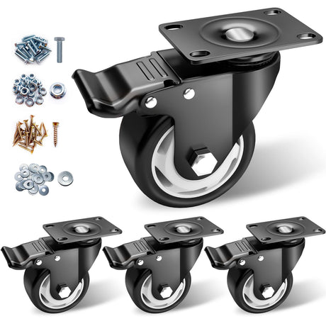 Caster Wheels - 3 Inch Casters Set of 4 Heavy Duty, BOSGEOT Locking Industrial Casters with 360 Degree No Noise Polyurethane Wheels, Swivel Plate Casters with Brake - Pack of 4 BOSGEOT