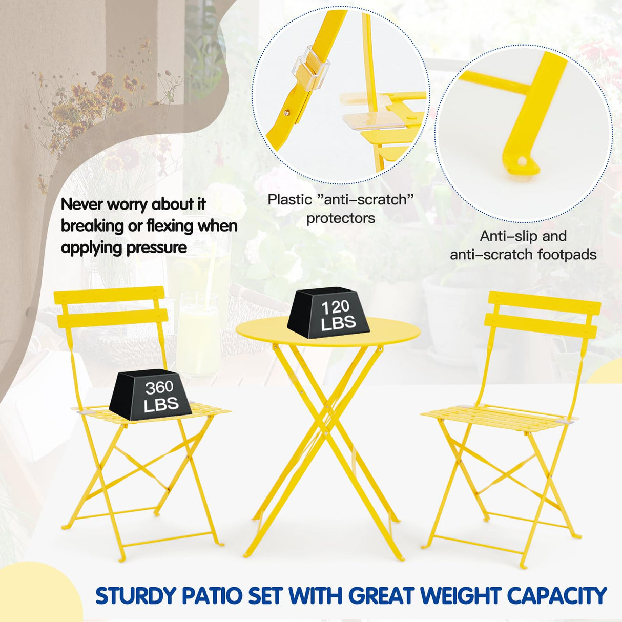 3-Piece Bistro Table and Chairs, Wrought Iron Bistro Set, Anti-Rust, Waterproof Folding Cafe Table and Chairs Set of 2, Foldable Small Bistro Set for Small Space/Indoor/Outdoor/Porch/Lawn/Balcony BUPPLEE