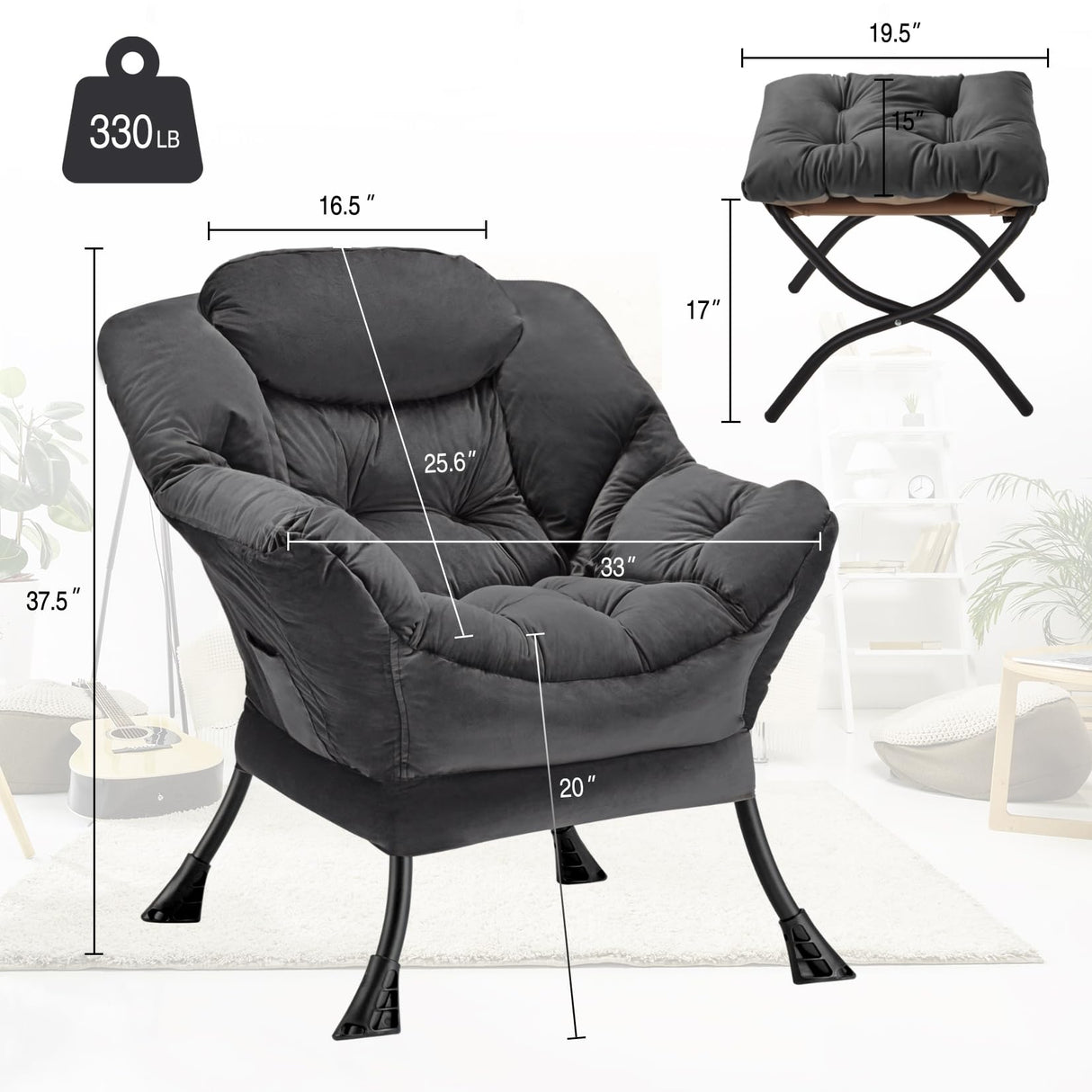 Congermom Lazy Chair with Folding Ottoman Modern Large Accent Chair,Contemporary Lounge Leisure Sofa Chair with Armrests Upholstered Sofa Armchair Reading Chair for Bedroom,Dorm & Office (Dark Grey-f) Congermom