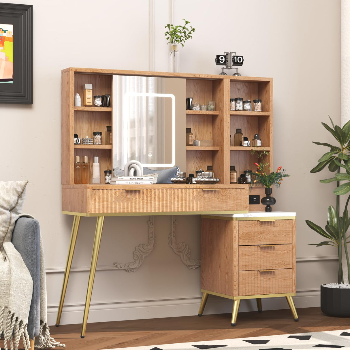 HSSZXFR 48" Fluted Makeup Vanity Desk with Mirror and Lights, Rustic Vanity Table with Modern Glass Top and Charging Station, Vanity Wooden 5 Drawers and Shelves Adjustable (Wood) HSSZXFR