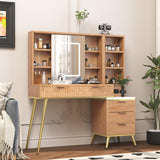 HSSZXFR 48" Fluted Makeup Vanity Desk with Mirror and Lights, Rustic Vanity Table with Modern Glass Top and Charging Station, Vanity Wooden 5 Drawers and Shelves Adjustable (Wood) HSSZXFR