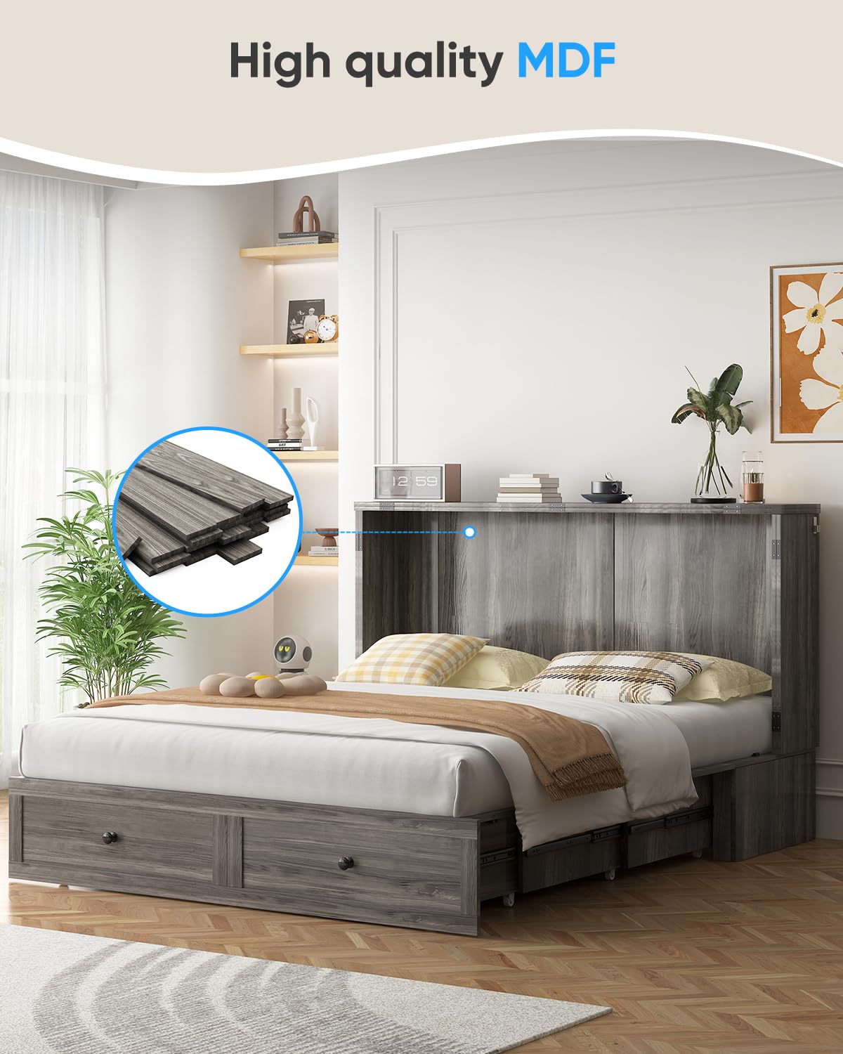 ADOWORE Queen Size Murphy Bed with Mattress Included, Cabinet Bed with Charging Station & Large Storage Drawer, Hideaway Full Foldable Platform Bed for Home Office or Guest Bedroom, Living Room,Grey ADOWORE