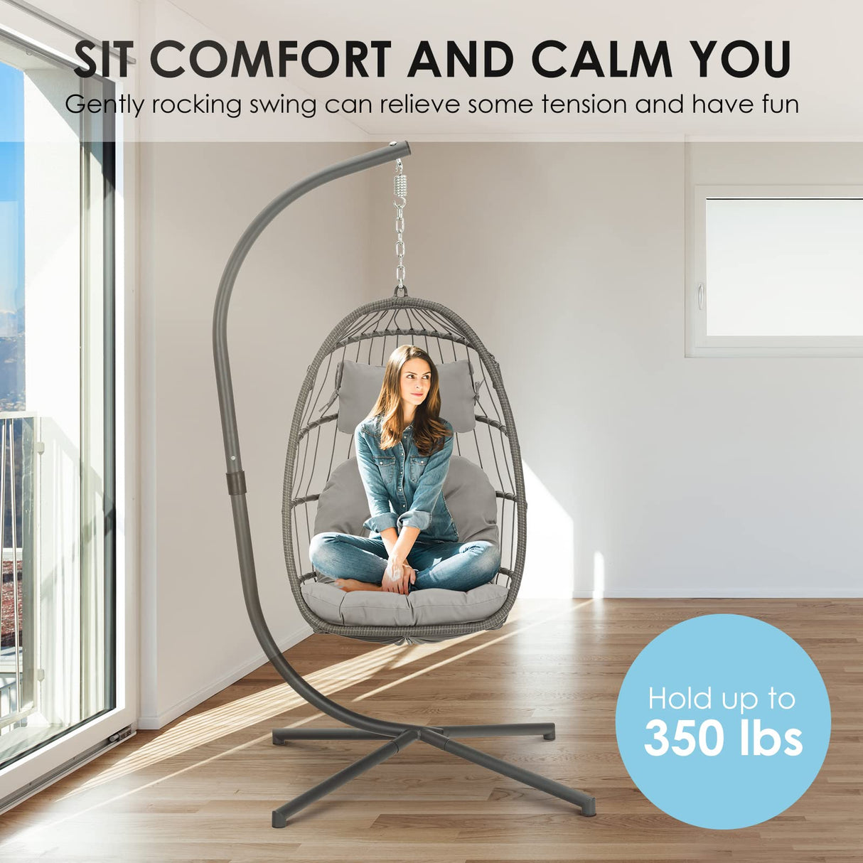 Brafab Swing Egg Chair, Hammock Chair, Hanging Chair, Aluminum Frame and UV Resistant Cushion with Steel Stand for Indoor Outdoor Patio Bedroom Wicker Rattan Hand Made Chair 350LBS Capacity Brafab