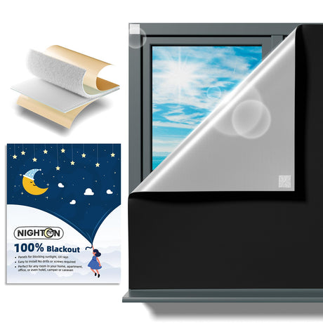 NIGHTON Portable Blackout Curtains 40"×57" Strong Hook and Loop Tape Strips with Adhesive,Blackout Shades That can be Cut,100% Blackout Material Window Blinds for Baby Nursery or Travel Use-Black NIGHTON