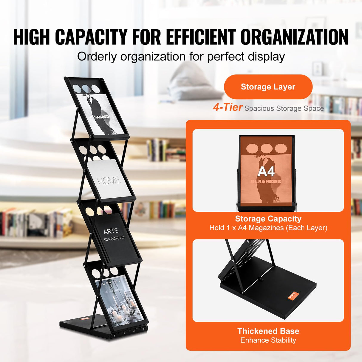 VEVOR Foldable Magazine Display Rack, 4-Tier Brochure Literature Display Stand, Portable Catalog Brochure Holder Stand with Carrying Bag for Office Trade Show Exhibitions, 4 Pockets VEVOR