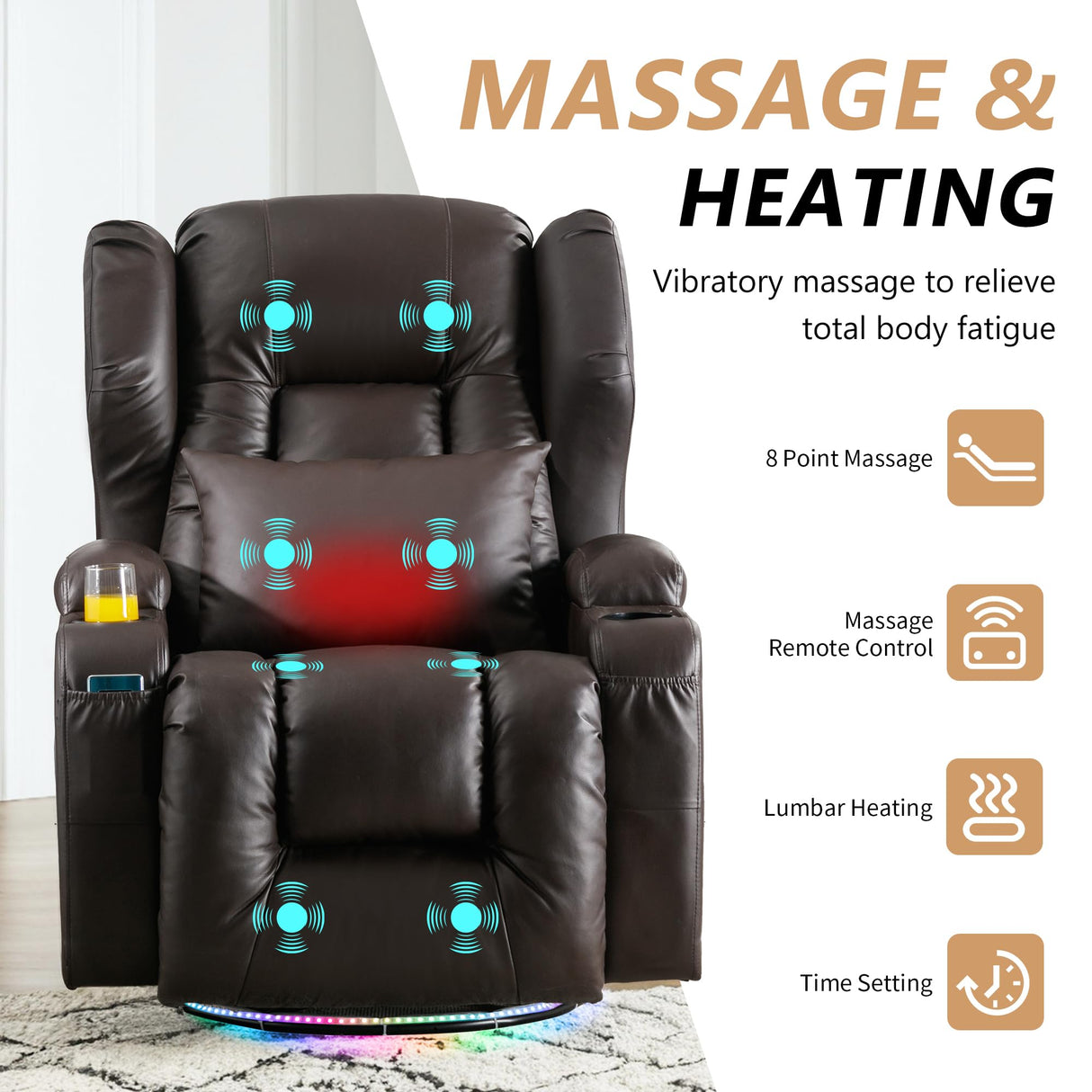 DRMBOOK Power Swivel Rocker Recliner Chairs, Electric Wall Hugger Reclining Sofa with Massage & Heat for Adults, Comfy Theater Seating Single Chair with LED Light/USB/Type-C Ports (Leather Brown) DRMBOOK