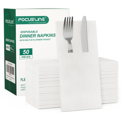 FOCUSLINE 50 Count Disposable Cloth like Napkins, Built-in Flatware Pocket, White Prefolded Paper Napkins, Linen Feel Dinner Napkins for Wedding, Parties, or Events