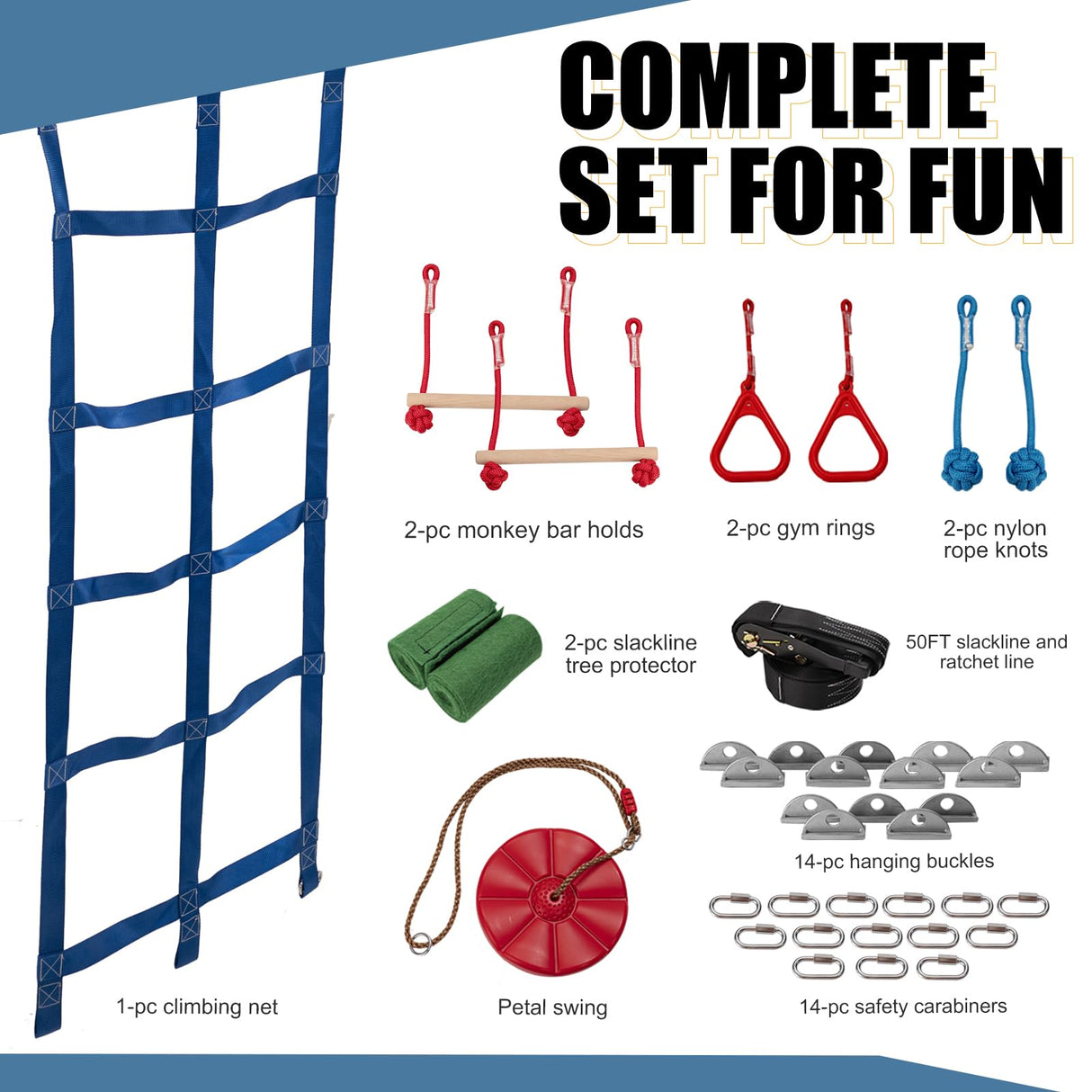 Slsy Ninja Warrior Obstacle Course for Kids, 50FT Durable Ninja Slackline Kit with 8 Complete Accessories, Playset Equipment with Swing, Climbing Net, Ladder & Monkey Bars (8 Obstacles) Slsy