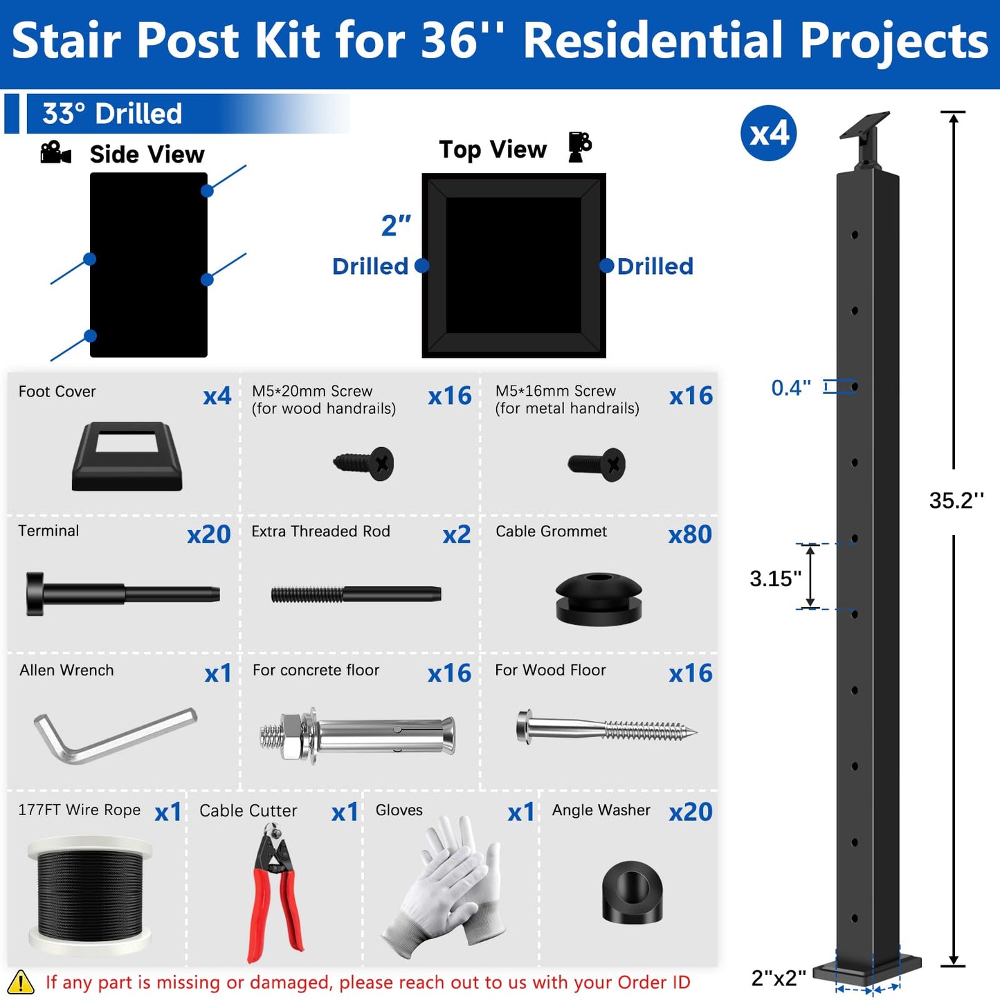 Zylorix 36" One-Stop Black Cable Railing Posts Kit(Super Easy DIY), Include 4Pack Stair Posts for 25-35°Stairway, 177ft Wire Rope, Complete Cable Railing System DIY Kit with Cutter(No Handrail)