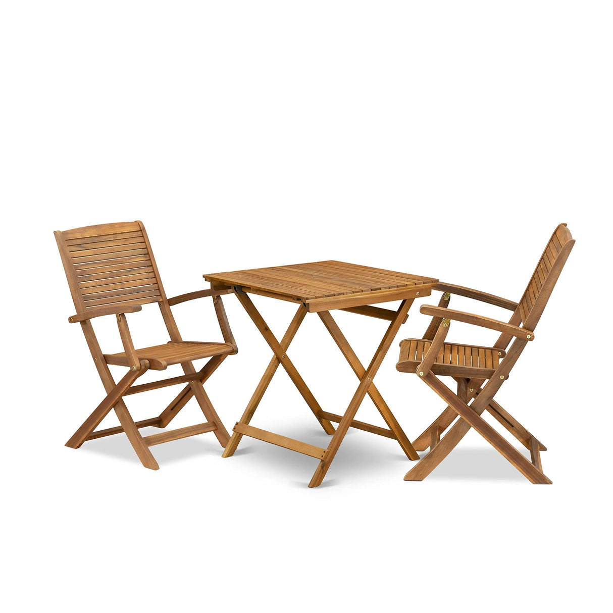 East West Furniture SEHD3CANA Selma 3 Piece Patio Bistro Set Contains a Square Outdoor Acacia Wood Coffee Table and 2 Folding Arm Chairs, 26x26 Inch, Natural Oil East West Furniture