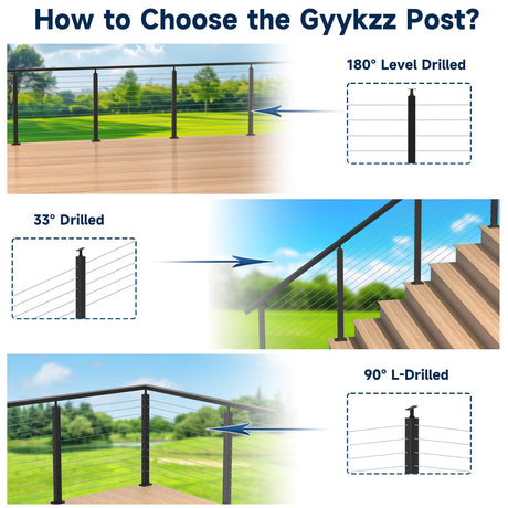 Gyykzz 42" Corner Post Cable Railing, 90° L-Drilled Black Corner Post with Cable Grommet, T304 Stainless Steel Cable Handrail Angle Post, Adjustable Top Metal Corner Post for Deck Railing System Gyykzz