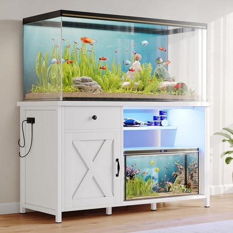 4ever2buy 55-75 Gallon Aquarium Stand with Power Outlets & LED Light, Metal Frame Fish Tank Stand with Drawer & Barn Door, Turtle Reptile Terrariums Stand with Fish Tank Accessories Storage (White) 4ever2buy