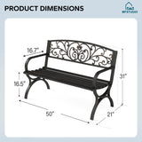MFSTUDIO 50 Inches Outdoor Garden Bench, Cast Iron Metal Frame Patio Park Bench with Floral Pattern Backrest, Arch Legs for Porch, Lawn, Yard-Bronze MFSTUDIO