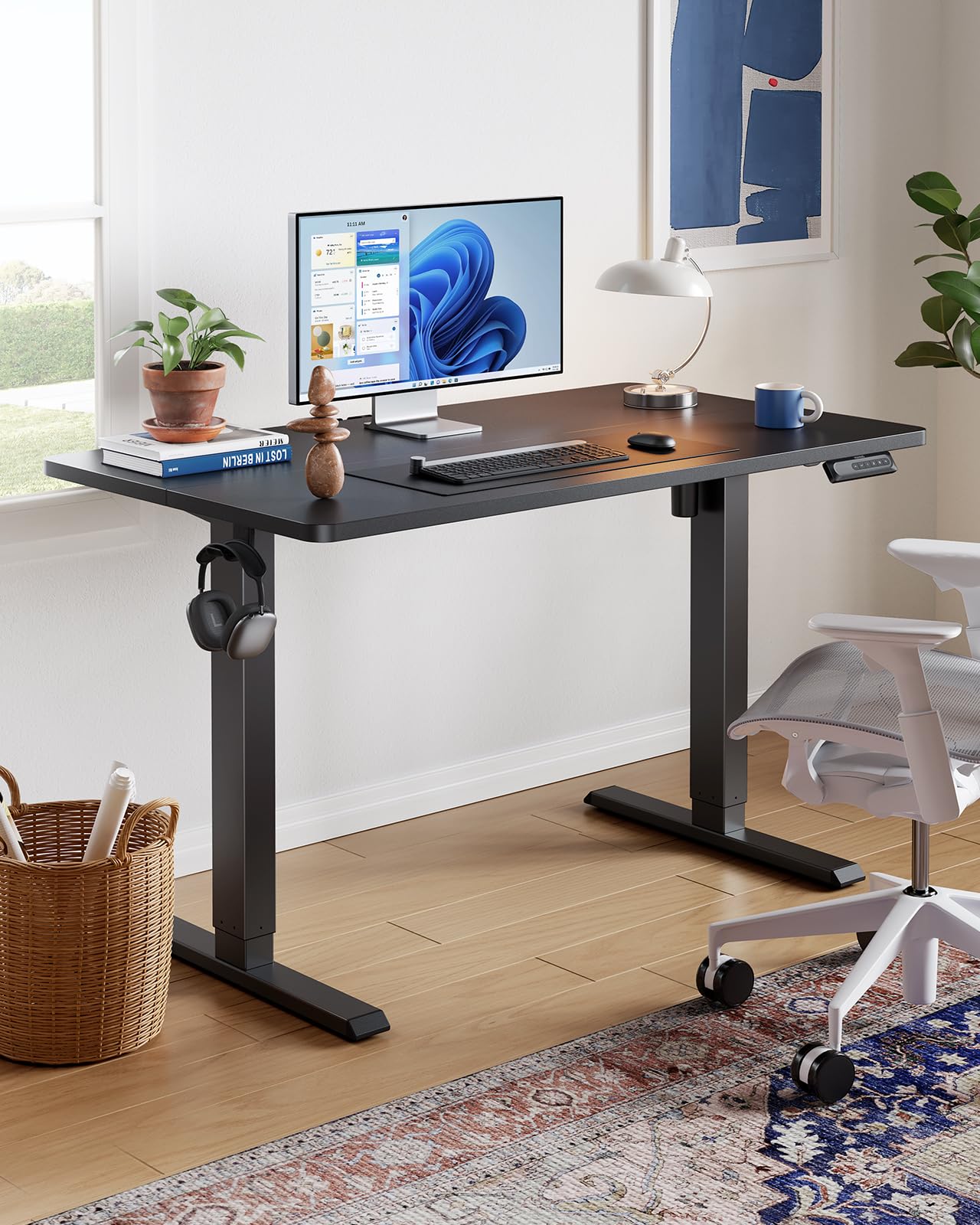 HUANUO 48" x 24" Electric Standing Desk Adjustable Height, 4 Memory Height Settings, Headphone Hook, Cable Manager, Sit Stand Up Desk for Home Office & Computer Workstation, Black - WoodArtSupply