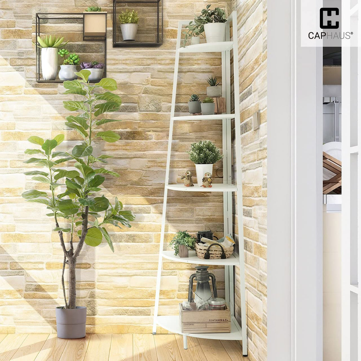 CAPHAUS Tall Corner Shelf Stand, 5-Tier Display Shelves, Ladder Corner Wood Storage Plant Bookshelf with Metal Frame, Versatile Shelving Unit Bookcase for Home Office Space, White CAPHAUS