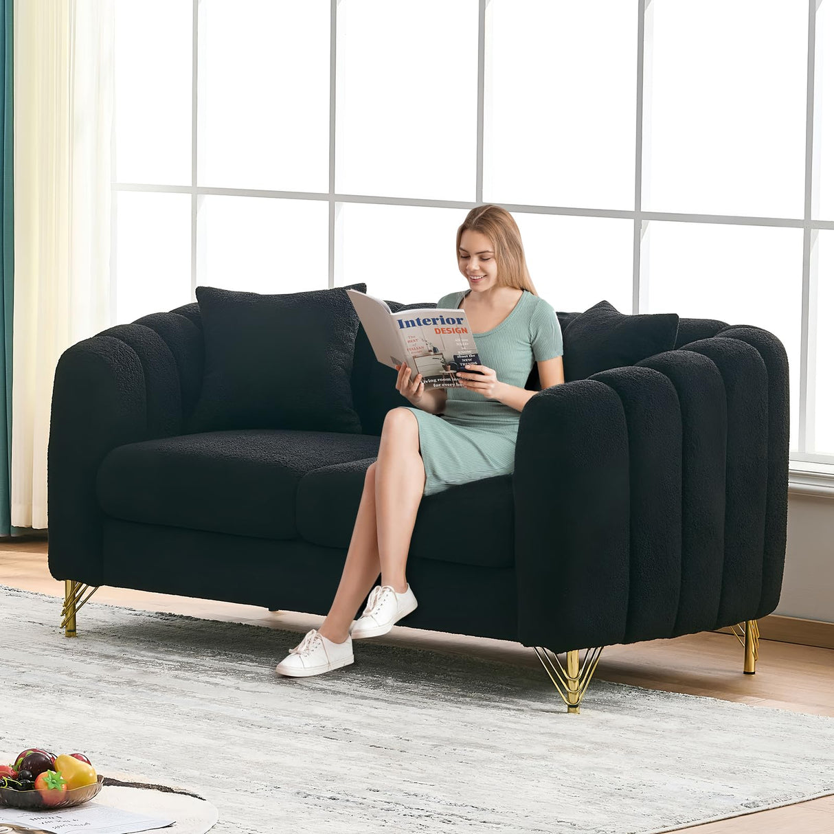 Black Cloud Couch for Living Room, 63.5" Modern Comfy Overstuffed Deep Seat Tufted Sofa with Gold Legs & Pillows, Plush Teddy Boucle Upholstered Curved Loveseat Settee with Round Arm (Black, 2 Seater) SLEERWAY