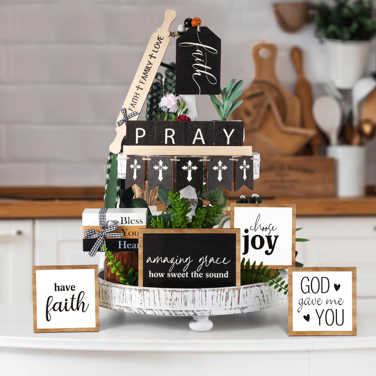 Tatuo 13 Pcs Religious Tiered Tray Decor Set Faith Wooden Table Decor Christian Farmhouse Decorations Rustic Faith Pray Cross Wood Block Signs for Home Church Tabletop Centerpieces Easter Decor Tatuo