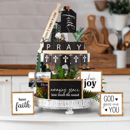 Tatuo 13 Pcs Religious Tiered Tray Decor Set Faith Wooden Table Decor Christian Farmhouse Decorations Rustic Faith Pray Cross Wood Block Signs for Home Church Tabletop Centerpieces Easter Dec - WoodArtSupply