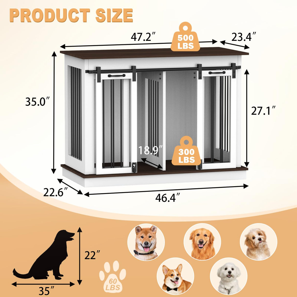 RQZ Double Dog Crate Furniture for 2 Dogs Heavy Duty Wood Dog Cage Table with 2 Sliding Doors and Removable Divider Dog Kennel Indoor for Medium Large Dogs (47" L x 24" W x 35" H) RQZ