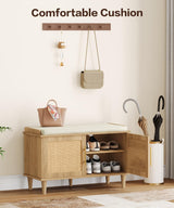 Akxomel Natural Rattan Shoe Storage Bench with Cushion, Entryway Shoe Cabinet Bench with 2 Doors, 15"D x 31.5"W x 20"H, Wooden Shoe Organizer, Adjustable Shelf, Solid Wood Legs, for Hallway, Bedroom Akxomel