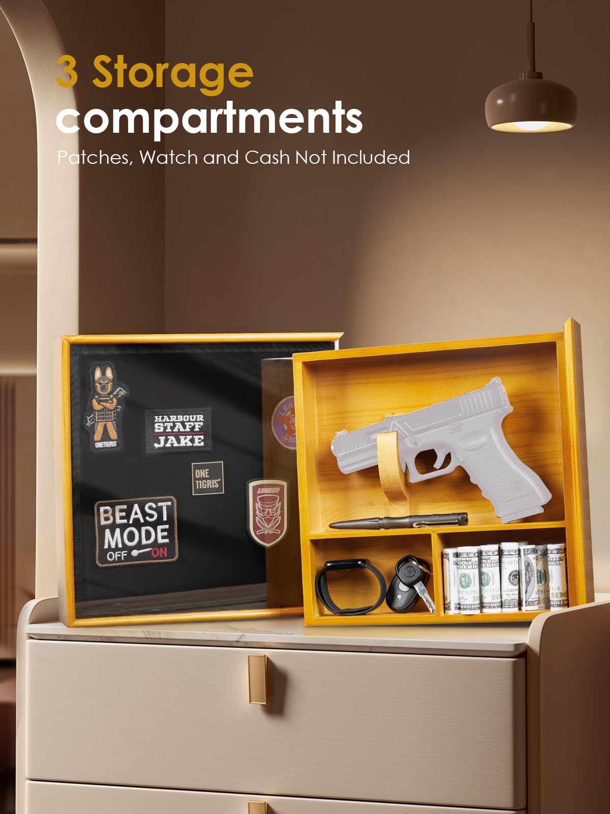 ONETIGRIS Hidden Gun Storage, Concealment Furniture Hidden Gun Safe Concealment Shelf Wall Safe Wooden Photo Frame, Wall Mounted Hidden Compartment Furniture with Patches Display Panel ONETIGRIS