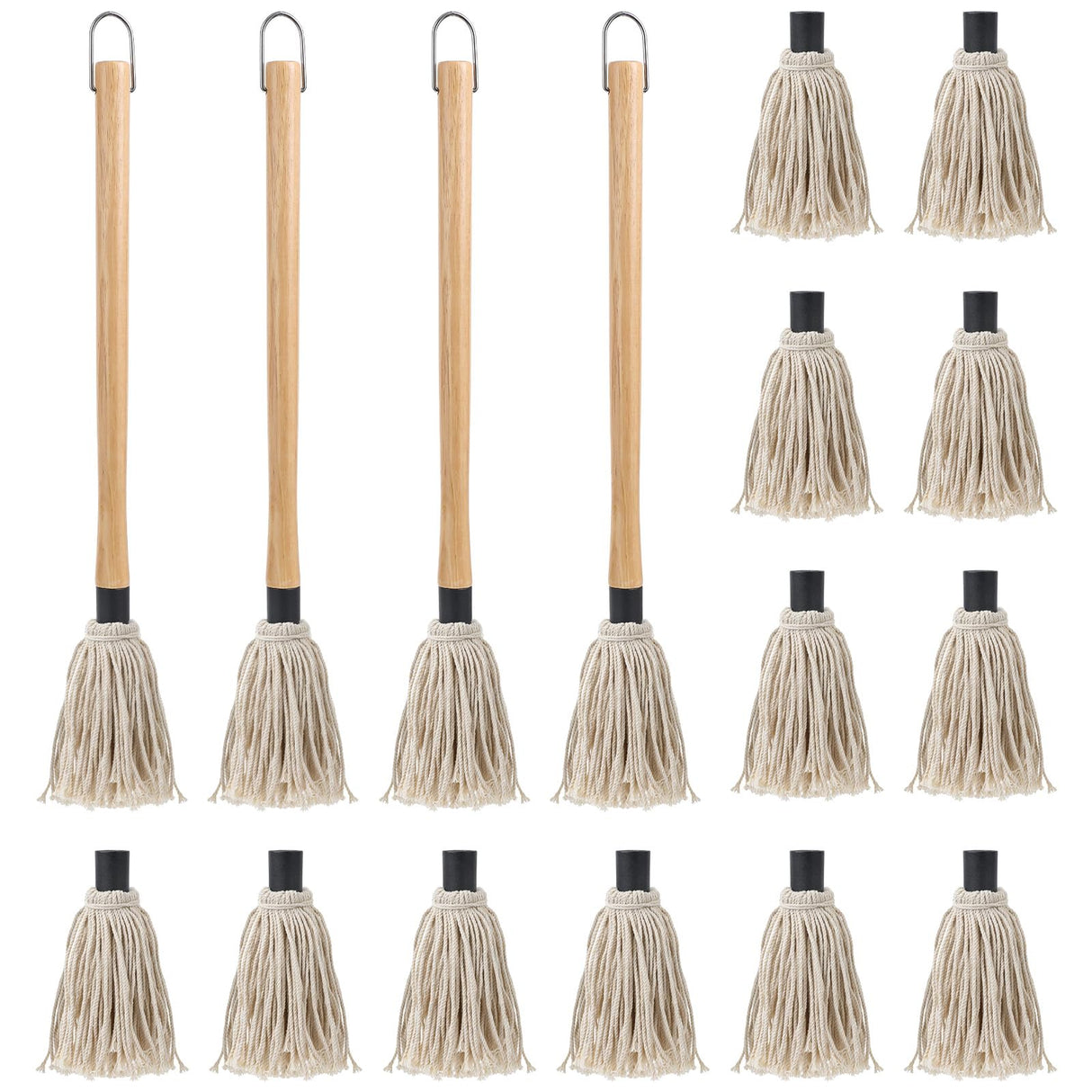 4Pcs BBQ Mop Brush Grilling Basting Mop Wooden Long Handle BBQ Mop Set with 12Pcs Replacement Heads for Basting Steak Marinade Sauce(18.3inch) DIVINA VITAE