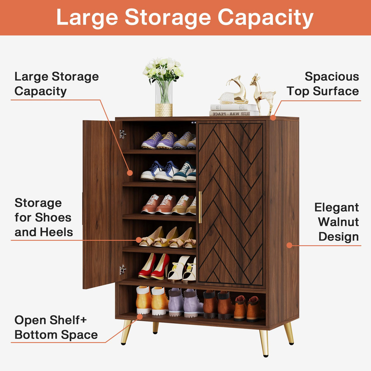 Tribesigns Walnut Shoe Cabinet with Doors, 6-Tier 24 Pairs Shoe Storage Cabinet for Entryway, Wooden Entryway Shoe Cabinet with Adjustable Shelves for Living Room, Bedroom Tribesigns