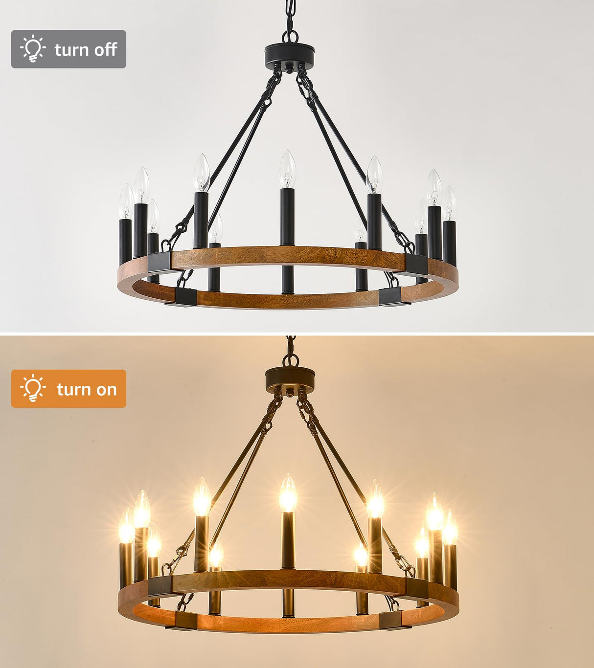 HHR 26 Inch 12-Light Solid Wood Wagon Wheel Chandelier High Ceiling Island Lights Fixtures,Black Rustic Candle Chandelier for Farmhouse Dining Room Bedroom Entryway Living Room Restaurant café HHR
