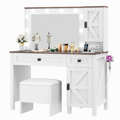 YITAHOME Makeup Vanity Desk with Mirror and Lights, Farmhouse Vanity Table with Charging Station, 42'' Dressing Table with 2 Drawers & 6 Cabinets, 3 Color Lighting Modes, for Bedroom, White YITAHOME