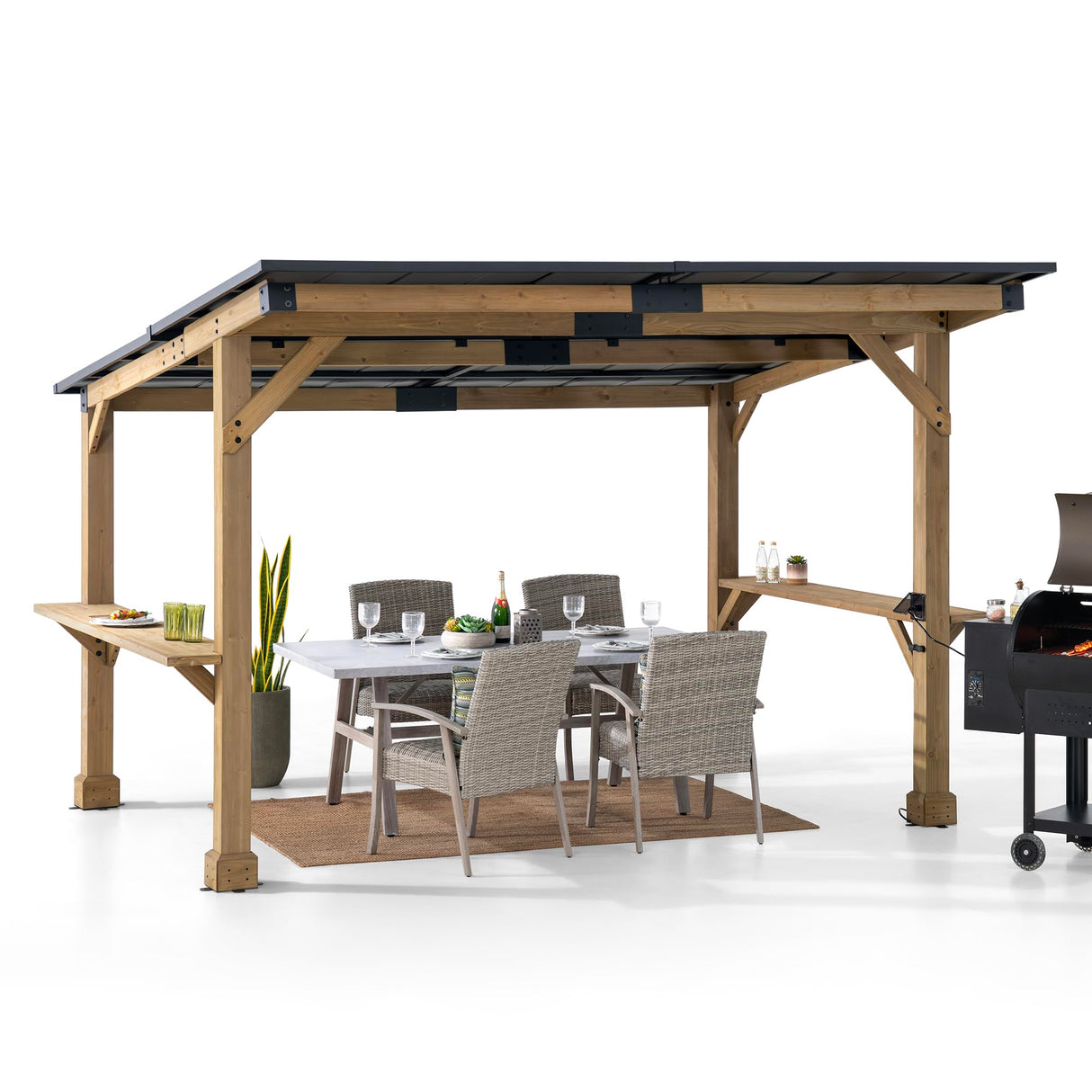 Sunjoy Wooden Grill Gazebo 10 ft. x 12 ft. Outdoor Cedar Frame BBQ Gazebo, Backyard Hot Tub Gazebo with Metal Hardtop Roof, Exclusive PowerPort and Bar Shelves Sunjoy